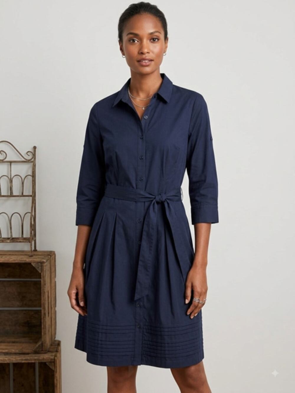 NEW Talbots Navy Blue Shirtdress Size 4P Belted 3/4 sleeve Cotton Midi Pockets
